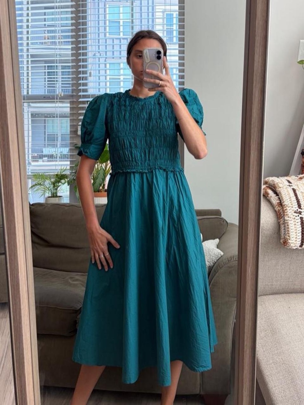 Apiece Apart piedra deep teal midi smocked dress